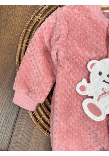 Peluş Ayıcık Nakışlı Patikli Çıtçıtlı Kışlık Erkek Bebek Tulum Pembe