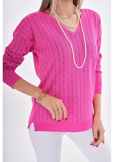 Kadın V Yaka Simli Kazak 12799 Bgl-st04107 Fuşya