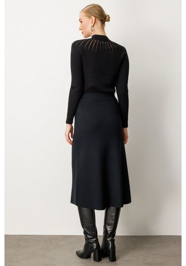 On Kadın Düğmeli Triko Etek 65207 Siyah Siyah