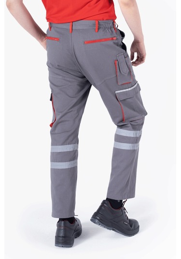 Körüklü Çift Komando Cepli Pantolon Gri - Kırmızı