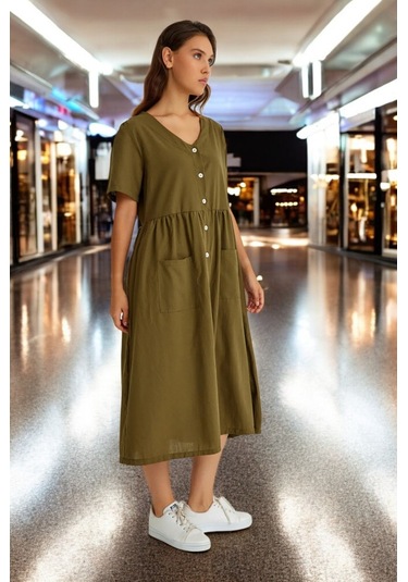 Beli Büzgülü V Yaka Keten Elbise Haki
