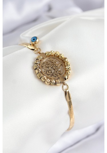 316l Çelik Nazar Boncuk Detaylı Hayat Ağacı Model İtalyan Zincir Gold Renk Kadın Bileklik Çok Renkli