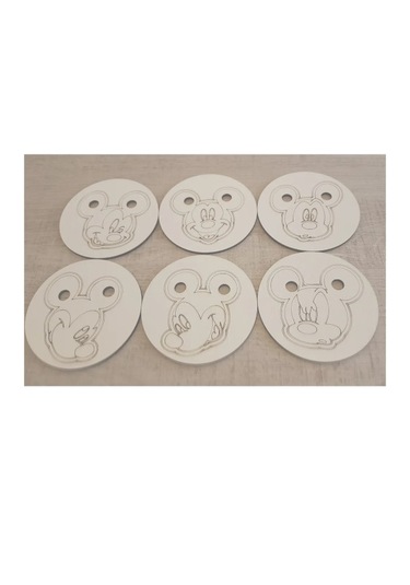 Ahşap Figürlü 6'lı Bardak Altlığı Lazer Kazıma 3mm - Mickey Mouse Ahşap - Beyaz