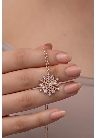 Nereze 925 Ayar Gümüş Rose Kaplama Pembe Taşlı Kartanesi Kolye