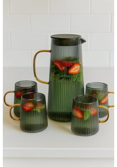 Qerhome Borosilikat Cam Gold Saplı Siyah Detoks Sürahi 1300 Ml 4 Bardaklı Mtr