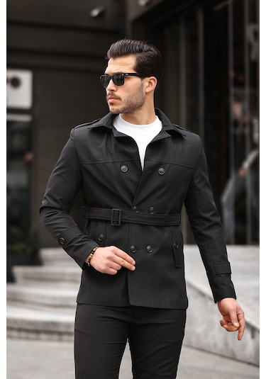 Mero Life Erkek Siyah Mevsimlik Astarlı Kemerli Kruvaze Trençkot Siyah