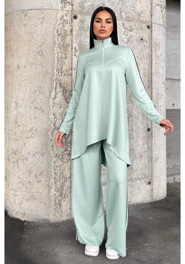 Mint Asimetrik Kesim, Fermuarlı Bluz & Bol Paça Pantolon - Viskon İki İplik Kumaş Alt & Üst Takım Mint