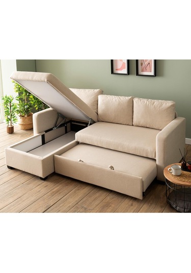 Pafu Kado Yataklı Köşe Koltuk Takımı - Keten Krem Krem