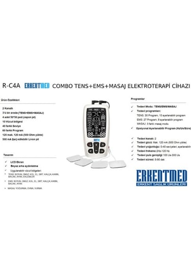 Erkentmed R-C4A Combo Elektroterapi Tens + Ems+Masaj Aleti Şarjlı Beyaz