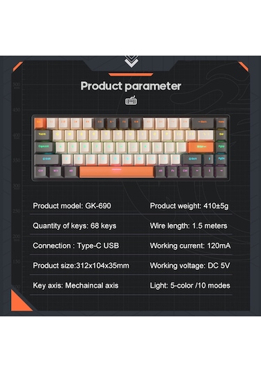 Wezone Gk-690 68 Tuşlu Mekanik Klavye - Beyaz & Pembe Renk, Kırmızı Aks, 5 Renkli Aydınlatma