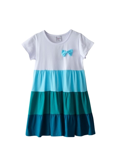Lovetti Beyaz + Koyu Petrol Kız Çocuk Kısa Kol Fiyonklu Renkli Kat Kat Elbise 9242W066 Beyaz - Petrol