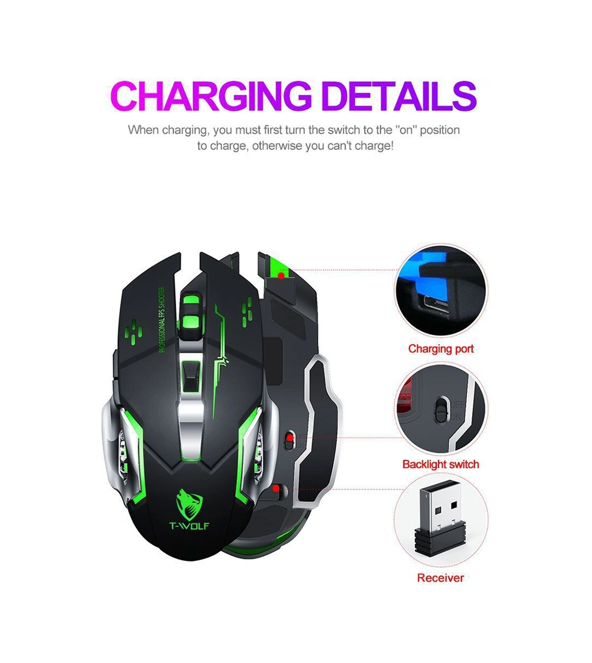 Sones T-wolf Q13 2.4ghz 6 Tuşlu Rgb Renkli Işıklı Oyun Kablosuz Faresi, Renk: Çift Modlu Gri Diğer