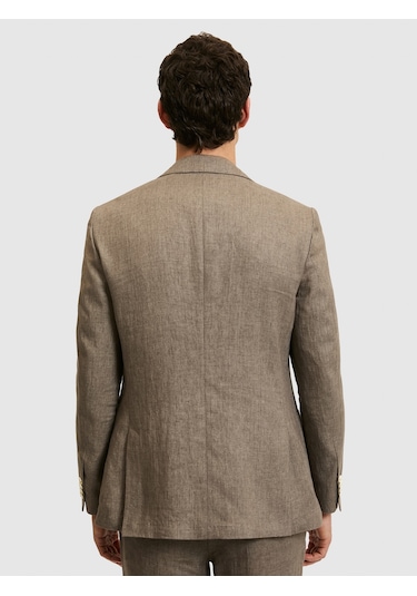 Cacharel Kahverengi Slim Fit %100 Keten Mikro Desen Mono Yaka Ceket Hardal