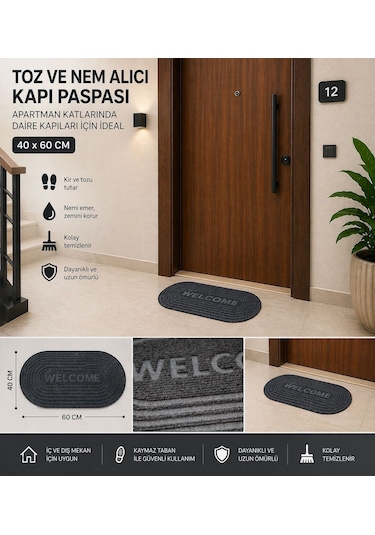 Oval Gri Dış Kapı Paspası Welcome 40x60