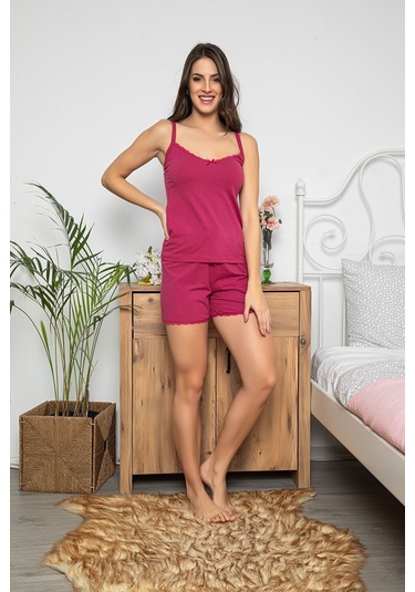 Kadın Mürdüm Renkli Dantel Detaylı Şortlu Ve Taytlı Pijama Takımı 3'lü MÜRDÜM