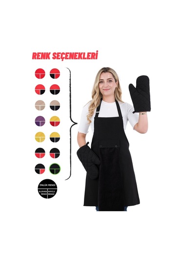 Star Ayar Askılı Havlulu 4lü Mutfak Önlüğü Seti 2 Eldiven Siyah-siyah-siyah