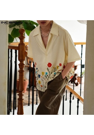 İncerun Yaz Baskı Erkek Kısa Kollu Tatil Günlük Salaş Gömlekler Bej