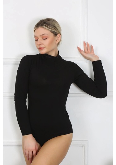 Giyim Bayan Uzun Kol Boğazlı Çıtçıtlı Body Siyah Siyah