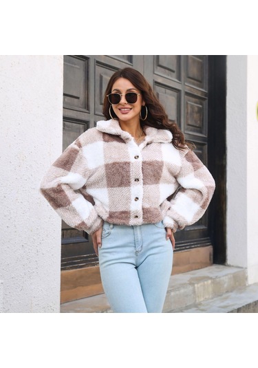 Ekose Çift Taraflı Kadife Kadın Kısa Mont - Haki