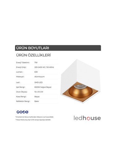 Spot Lamba Led 7W Kare Beyaz-Bakır Duvar Aydınlatma Armatür