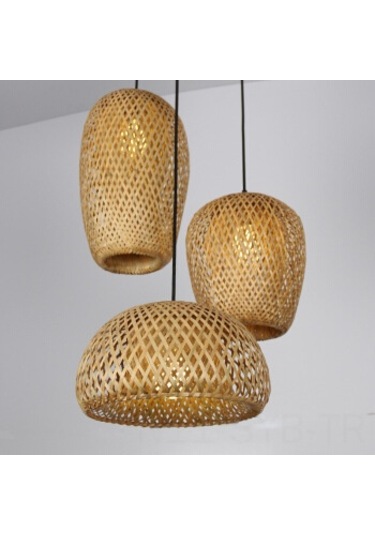 Symbee Yeni Tarz Bambu Örgü 3 Aydınlatmalı Avize - Yeme Salonu, Ofis, Yatak Odası, Balkon İçin Modern Çin Stili Dekoratif Aydınlatma Haki