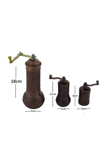 Zamak Metal Bakır Renk 3 Lü Set Karabiber,kahve,çörek Otu El Değirmeni Öğütücü Grinder Bakır
