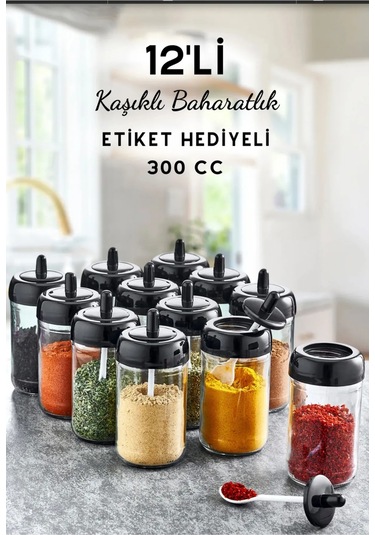 12 Adet Kapağı Kendinden Kaşıklı Cam Baharatlık Seti 300 Cc- Baharat Etiketi Hediyeli ŞEffaf