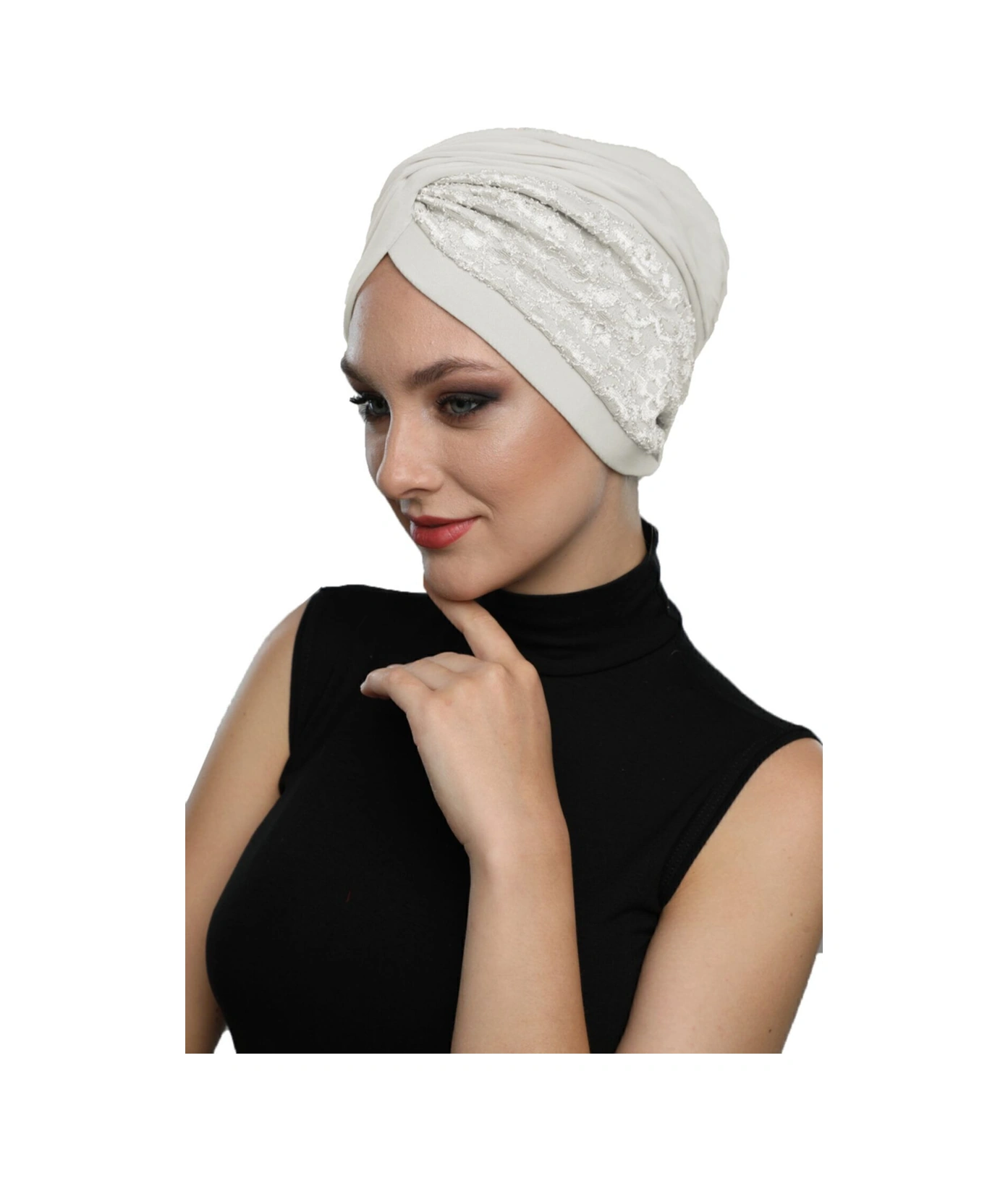 Çapraz Dantel Krem Hazır Türban Tesettür Havuz Bonesi Krem