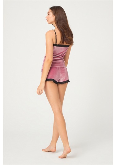 Pudra Dantel Detaylı İnce Askılı Kadife Kadın Atletli Şortlu Takı Pudra