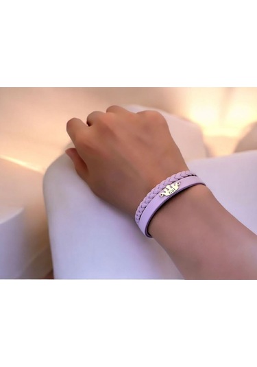 Archin Gül İsmine Özel 14 Ayar Altın Plakalı Doğal Mor Derili Taç Figürlü Hediye Bileklik-637isim Gül