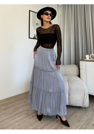 Büzgü Detaylı Beli Lastikli Etek 6005-gri Gri