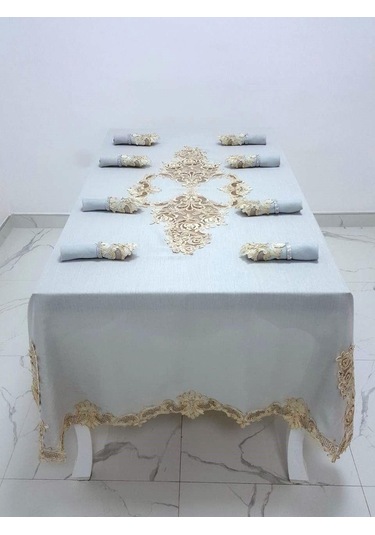 Finezza Henna Güpürlü Keten Gri Sofra Takımı 8 Kişilik 160X230 Cm