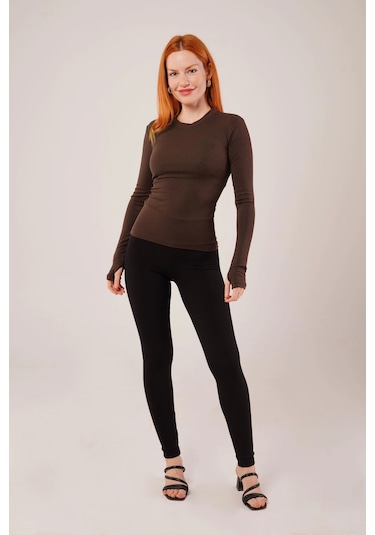 Uzun Kollu Basic Kahverengi Bluz Kahverengi
