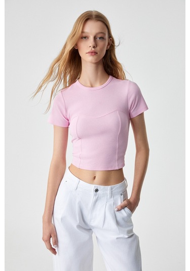 CERAEN Kadın Slim Kısa Kol Bisiklet Yaka Pembe T-Shirt