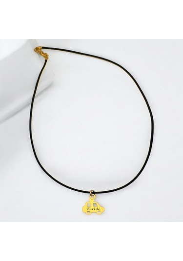 Feride İsmine Özel Araba Figürlü 14 Ayar Altın Plakalı Siyah Bağlıklı Hediyelik Kolye-630isim Feride
