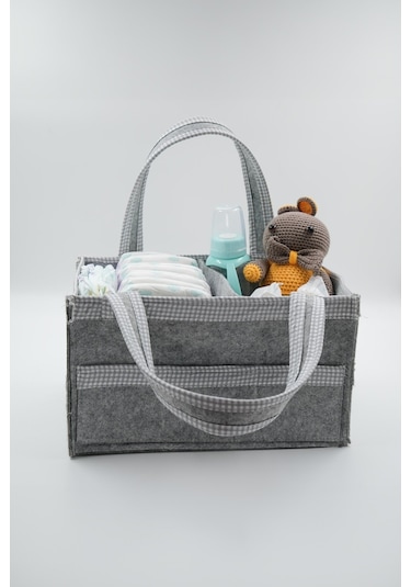 Jasper Kare Şeritli Gri Keçe Anne Bebek Bakım Çantası Organizer Gri