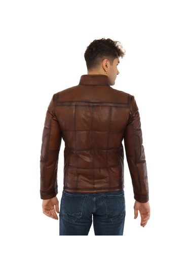 Hakiki Kuzu Derisi İşlemeli Fermuarlı Erkek Deri Ceket Kahverengi Kahverengi