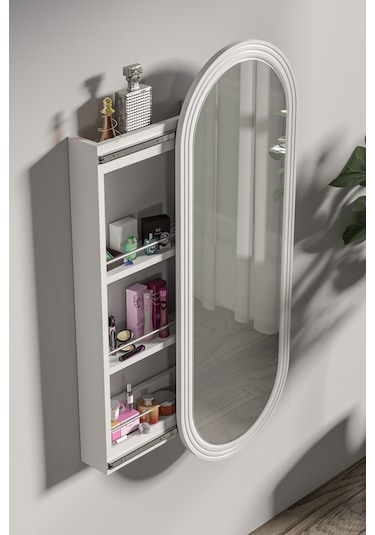 Çok Amaçlı Aynalı Takı Dolabı Mdf Kapak - Beyaz - Oval Çerçeve