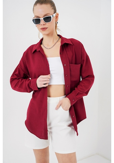 Bigdart 20153 Tek Cepli Oversize Keten Gömlek - Bordo