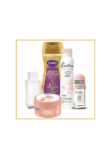 Emotion Bloom Kadın Sprey Deodorant 150 ML + Roll-On 50 ML + Arko Badem Yoğun Bakım Kremi 250 ML + Duru Duş Jeli 450 ML + Privacy Addiction Kadın Parfüm EDP 50 ML