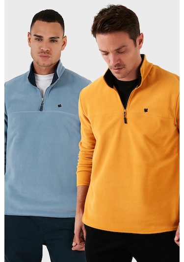 Buratti Slim Fit Anti-Pilling Tüylenme Yapmayan Bato Yaka Şardonlu 2'Li Paket Erkek Polar 5906001S2 Açık Mavi-Hardal