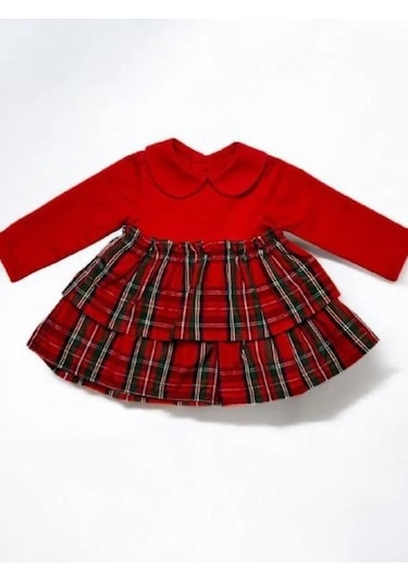 Çikoby Kız Bebek Bebe Yaka Ekose Desenli Elbise-14902 Kırmızı