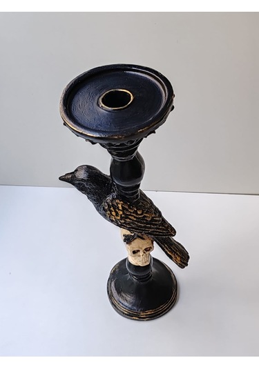 Gotik Tasarım Siyah Kuş Ve Kafatası Şamdan, Mumluk, El Yapımı, Ev Dekoru Siyah