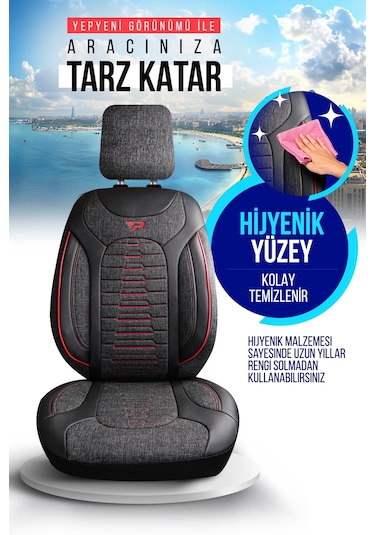 Füme - Kırmızı Panda Bakü Serısı Keten Kumaş Oto Koltuk Kılıfı - Tam Set