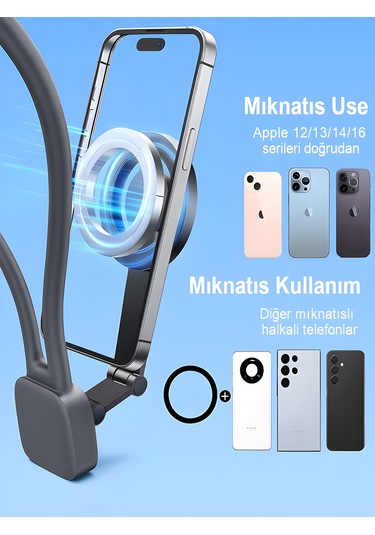 360 Ayarlanabilir N52 Mıknatıslı Magsafe Boyun Askılı Telefon Tutucu Eller Serbest Kullanım Siyah Siyah