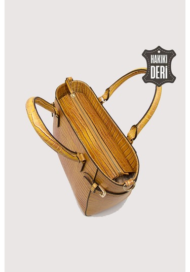 Hakiki Deri Kadın El Çantası Hardal Kroko Smr7922 Hardal Kroko