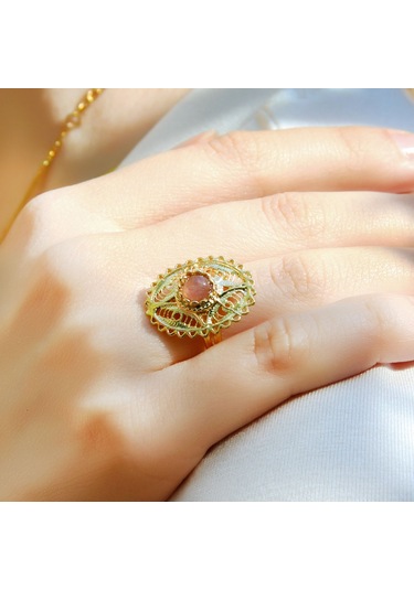 Doğal Taş Pembe Kuvars Doğal Taşlı Telkari Modelli Kadın Ayarlanabilir Altın Kaplama Yüzük Euy65pkg Kırmızı