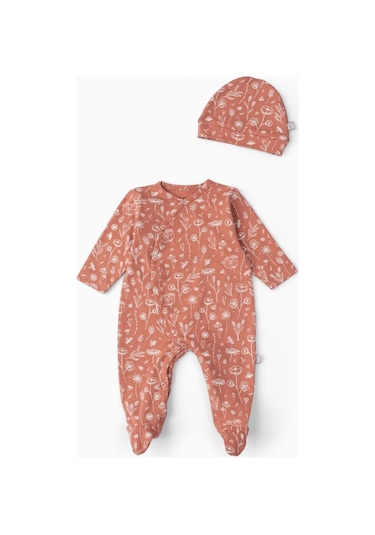 Boumini Bebek Patikli Tulum Şapka Set Bahar Çiçekli Kiremit-kiremit Kiremit