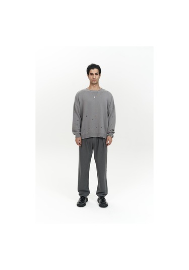 Alec Fitilli Yırtık Detay Füme Erkek Triko Kazak Füme