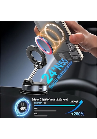 Manyetik Magsafe İle Uyumlu 360 Dönen Ayarlanabilir Araç İçi Telefon Tutucu Vakumlu Katlanabilir K007